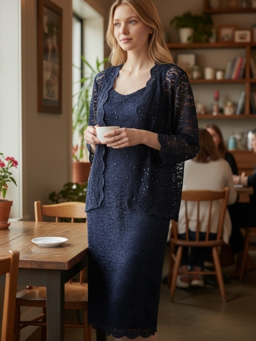 Alex Evenings 2-Piece Navy Lace Dress & Jacket Set Sz 12